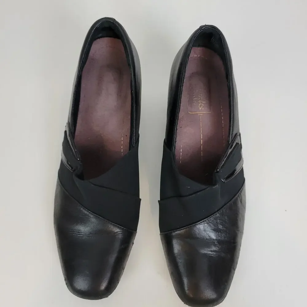Clarks Womens Shoes Size 7.5 Black Leather Sugar Spice Heeled Slip On Pumps